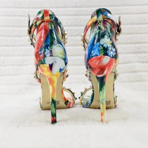 Sexy Riot Colorful Patent Gold Stud Cross Strap Sandal Shoe 4.5" Stiletto Heels - Picture 5 of 9